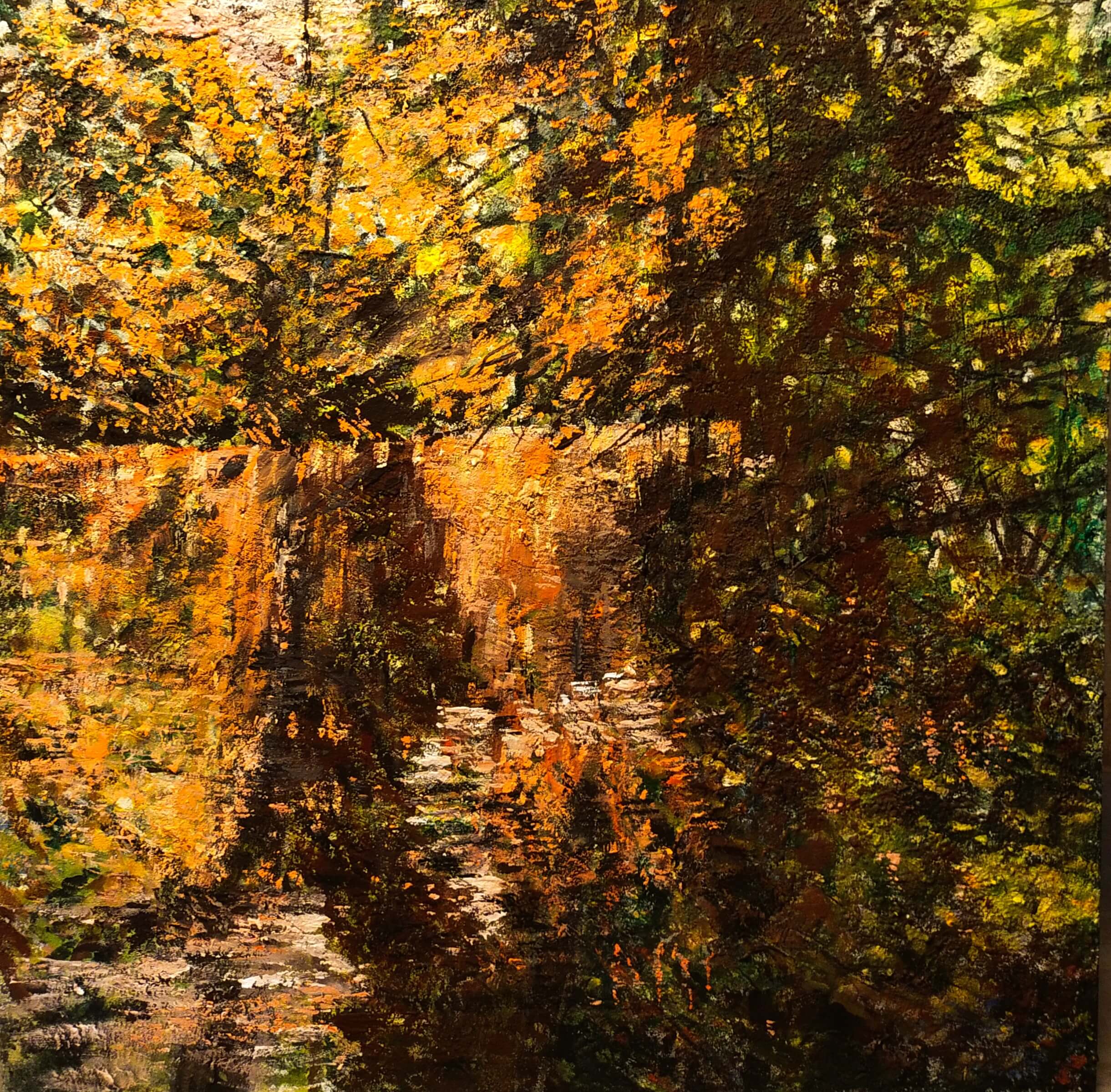 Vittoria Tamia Zatorri Autunno sul lago3, Acrilico su imprimitura grezza, 100x100cm, 2025