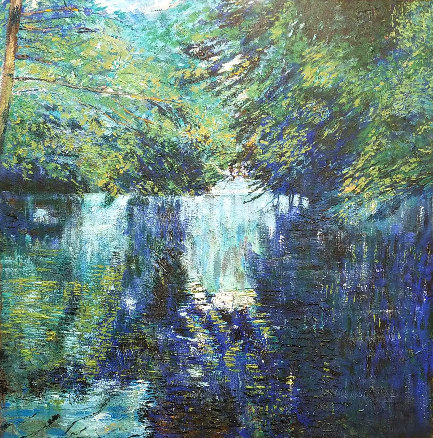 Vittoria Tamia Zatorri, Riflessi blu, Acrilico su imprimitura grezza, 100x100cm, 2025