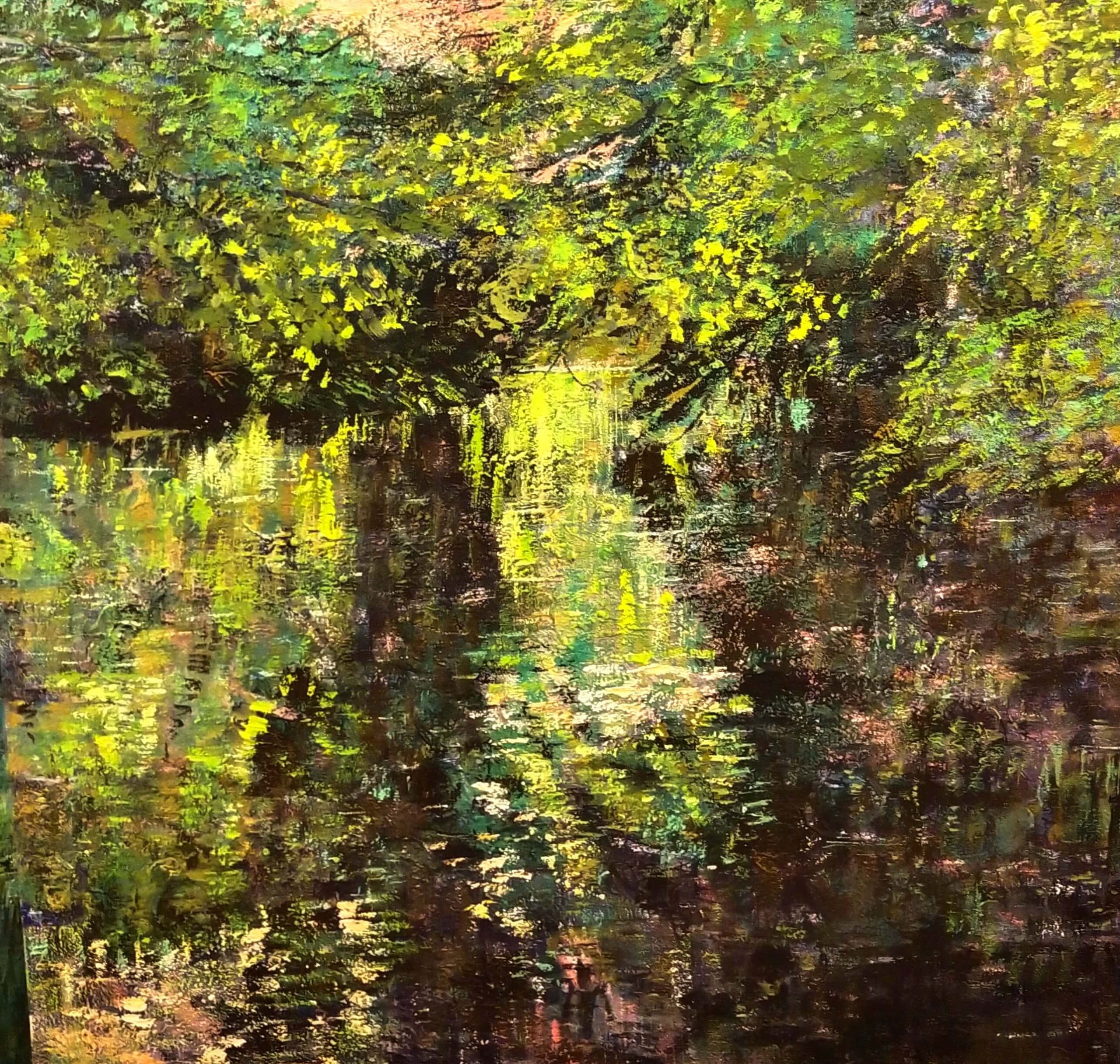 Vittoria Tamia Zatorri, Riflessi verdi, Acrilico su imprimitura grezza, 100x100cm, 2025